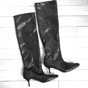 Black faux snakeskin stiletto heel knee high boot